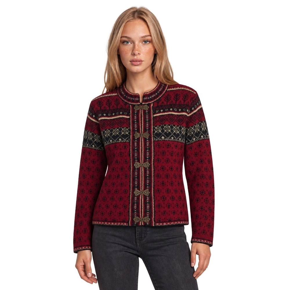 Susan Bristol Cardigan Sweater Womens Size Medium Red 100% Wool Fair Isle Nordic